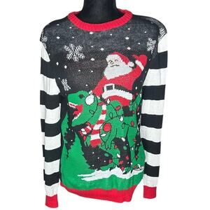 Well Worn size xl Ugly Christmas sweater Santa Claus riding a dinosaur
